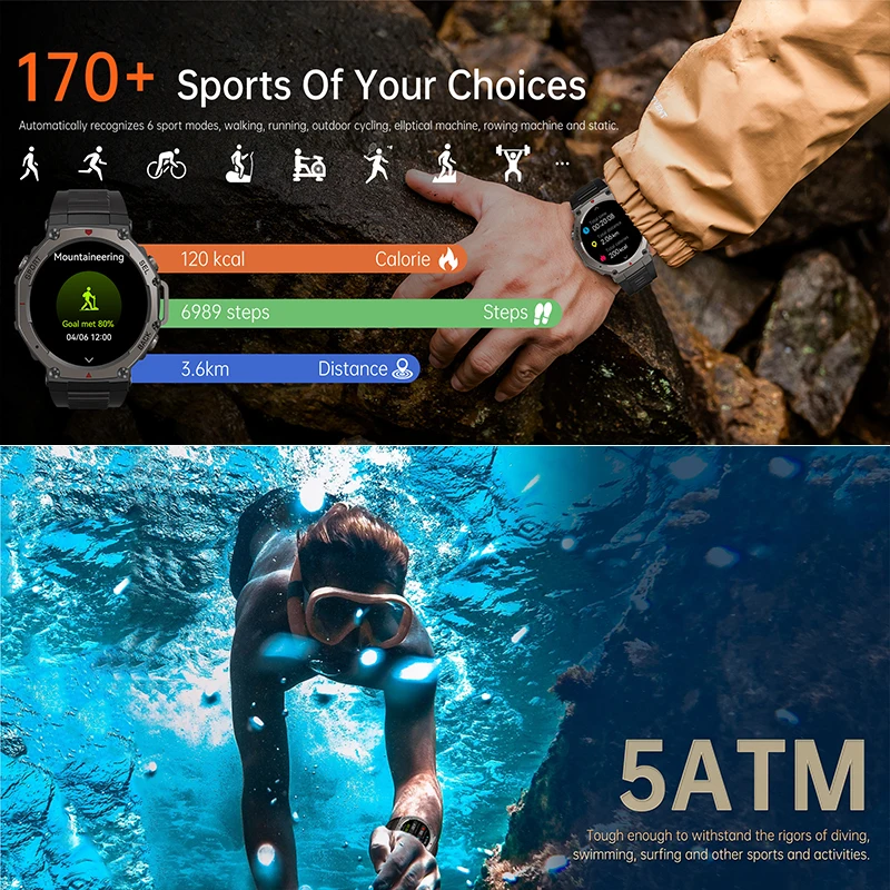 T-Rex 3 GPS ساعة ذكية 10 ATM مقاوم للماء المدمج في ثنائي النطاق GNSS تحديد المواقع البوصلة 500mAh الرياضة العسكرية سوار ذكي الرجال #2