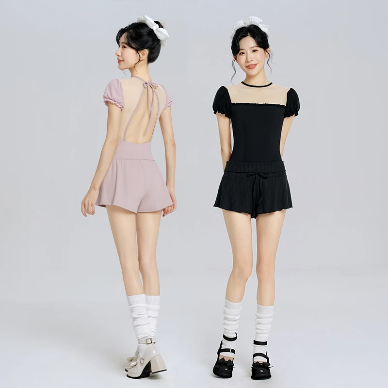 Women's Lace-Up Dance Leotards Backless Mesh Splice Ballet Bodysuit Adult Puff Sleeve Gymnastics Leotard