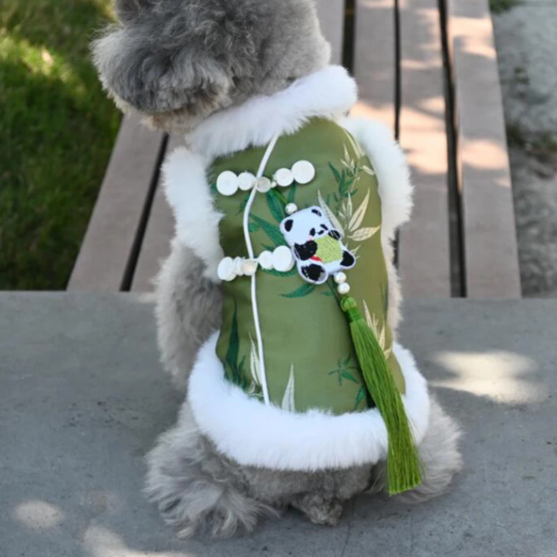 Chinese Style New Year Dog Clothes Bamboo Printed Panda Tassel Pendant Teddy Bichon Frise Pet Tang Suit Cotton Jacket For Winter - view 2