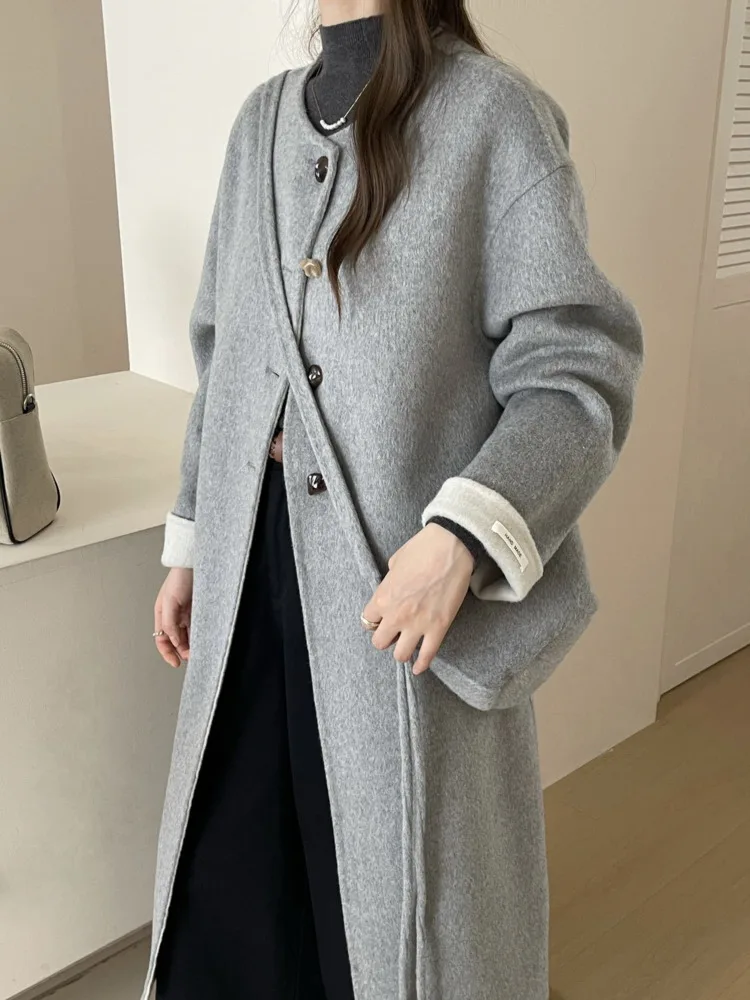 ZMEENNA Women's Long Wool Coat Winter Round Neck Jacket Pink Chic Outerwear Warm Oversized Overcoat With Pockets ZM3742