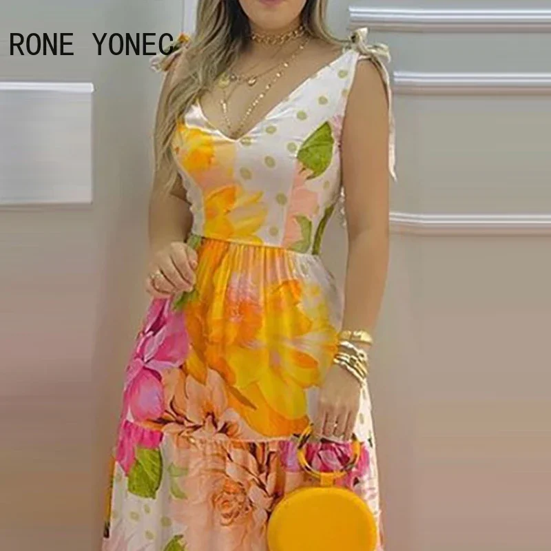 Women Elegant Dress Floral Print Sleeveless V-Neck Maxi Dress Summer Vacation Dress 2021