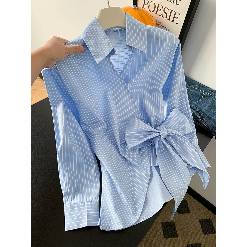 

Женские синие полосатые рубашки с воротником-поло и бантом, блузки Y2k, винтажная элегантная женская рубашка с длинным рукавом 2000-х годов, модная одежда, осень 2025 г.