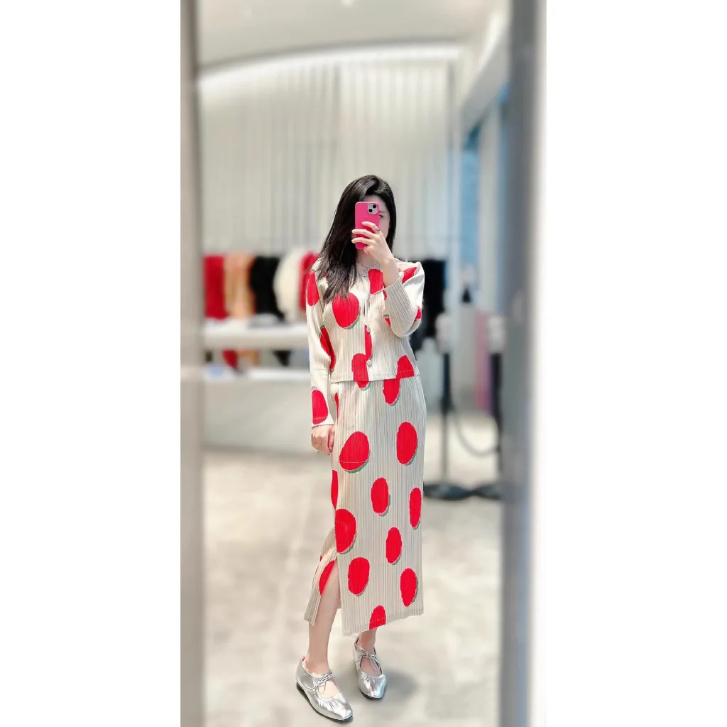 Miyake Pleated Two Pieces Set Women Dress for Women  2024 spring Summer New Design Print Skirt+Fashion Jacket Top view 2