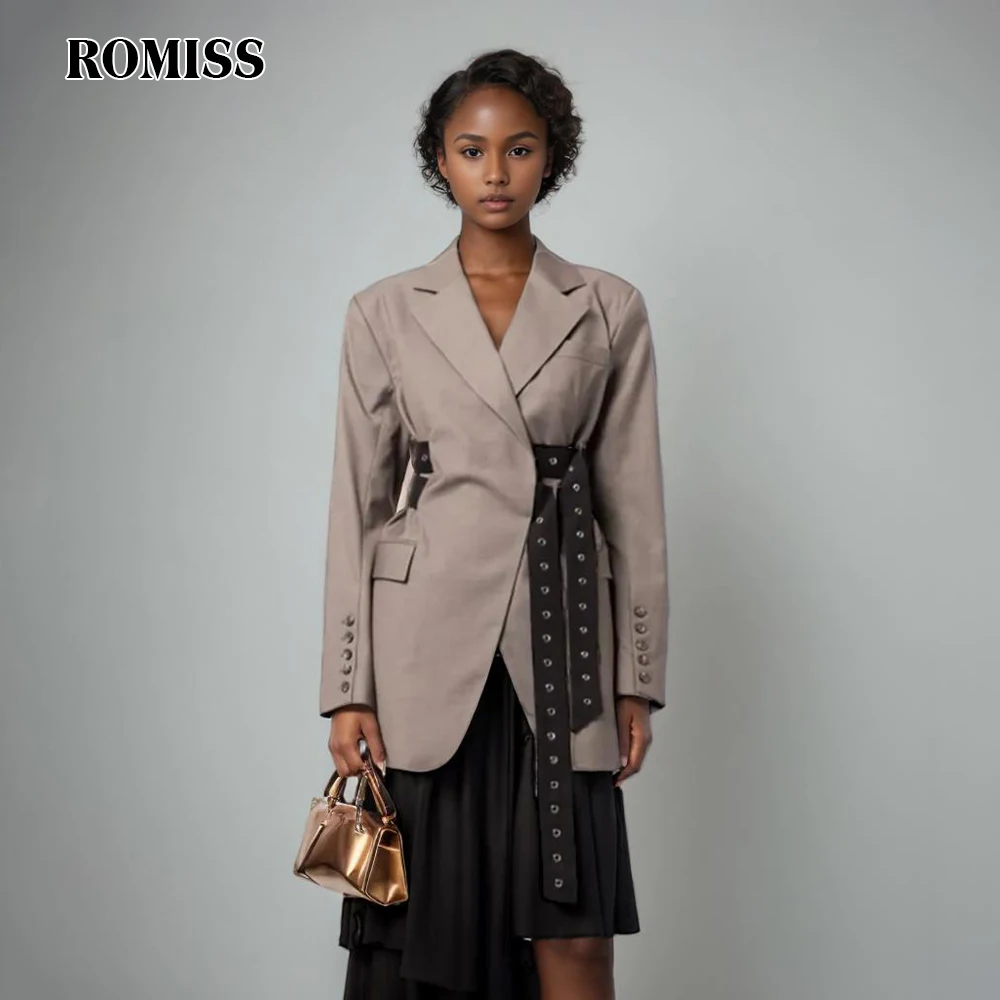 ROMISS Solid Temperament Spliced Belt Blazer For Women Notched Collar Long Sleeve Patchwork Button Elegant Blazers Female