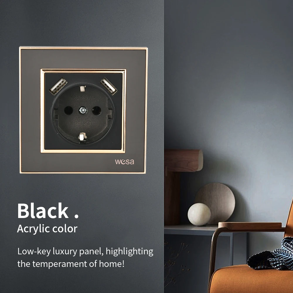 WESA Black Mirror Acrylic Power Socket With 2 USB EU Standard Electrical Outlet Standard Ground Plug Wall Socket Flame Retardant
