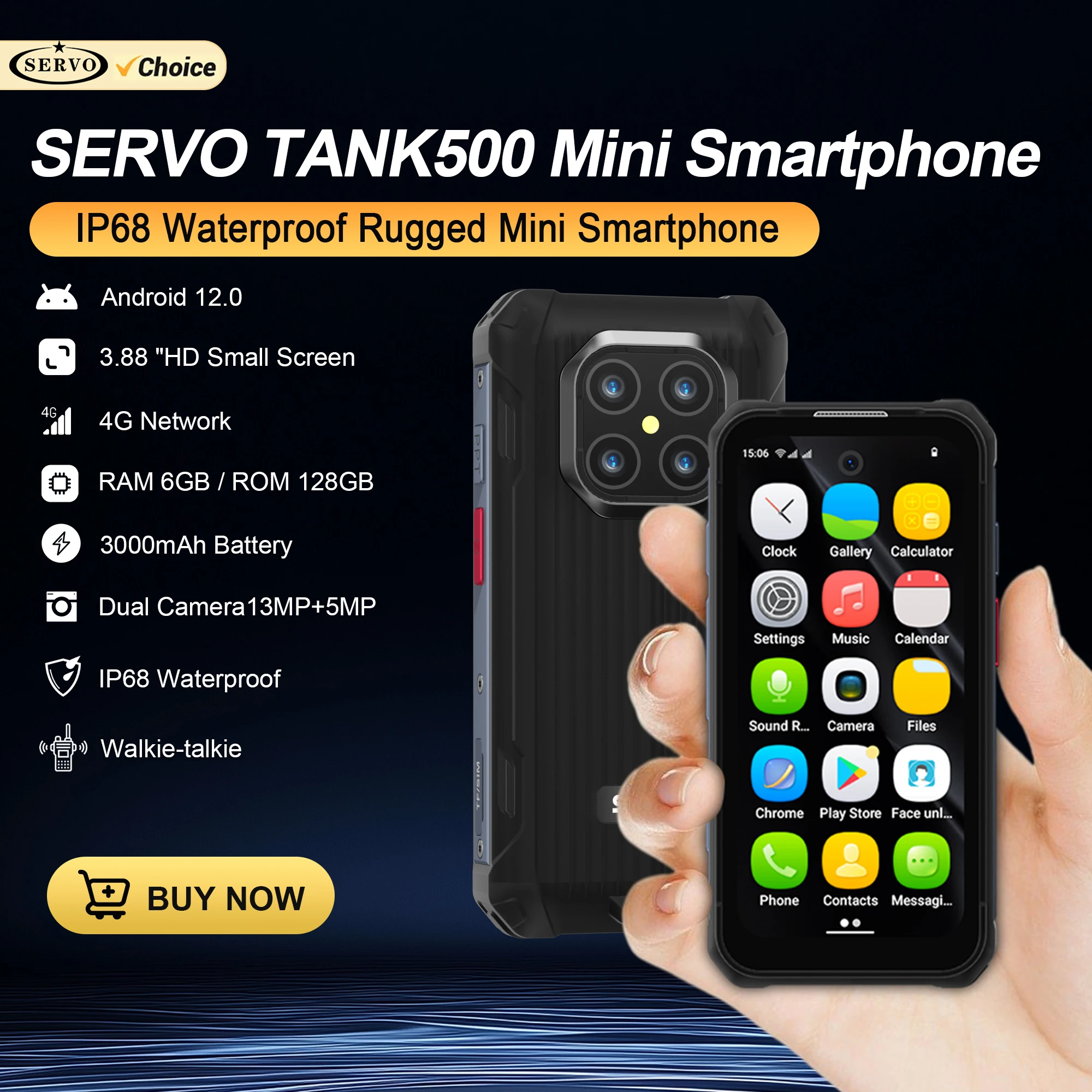 SERVO TANK500 IP68 Waterproof Mini Smartphone 4G LTE Android12 OS 6GB+128GB 13MP Camera Face Unlock 3.88