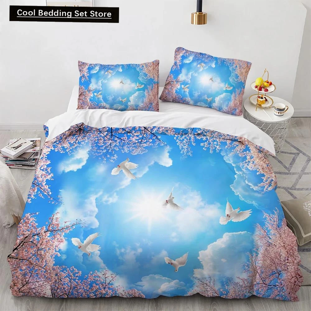 

Blue Sky King Queen Duvet Cover Pink Flowers White Flying Bird Bedding Set for Kids Teens Adults 3d Natural Scenery Quilt Cover