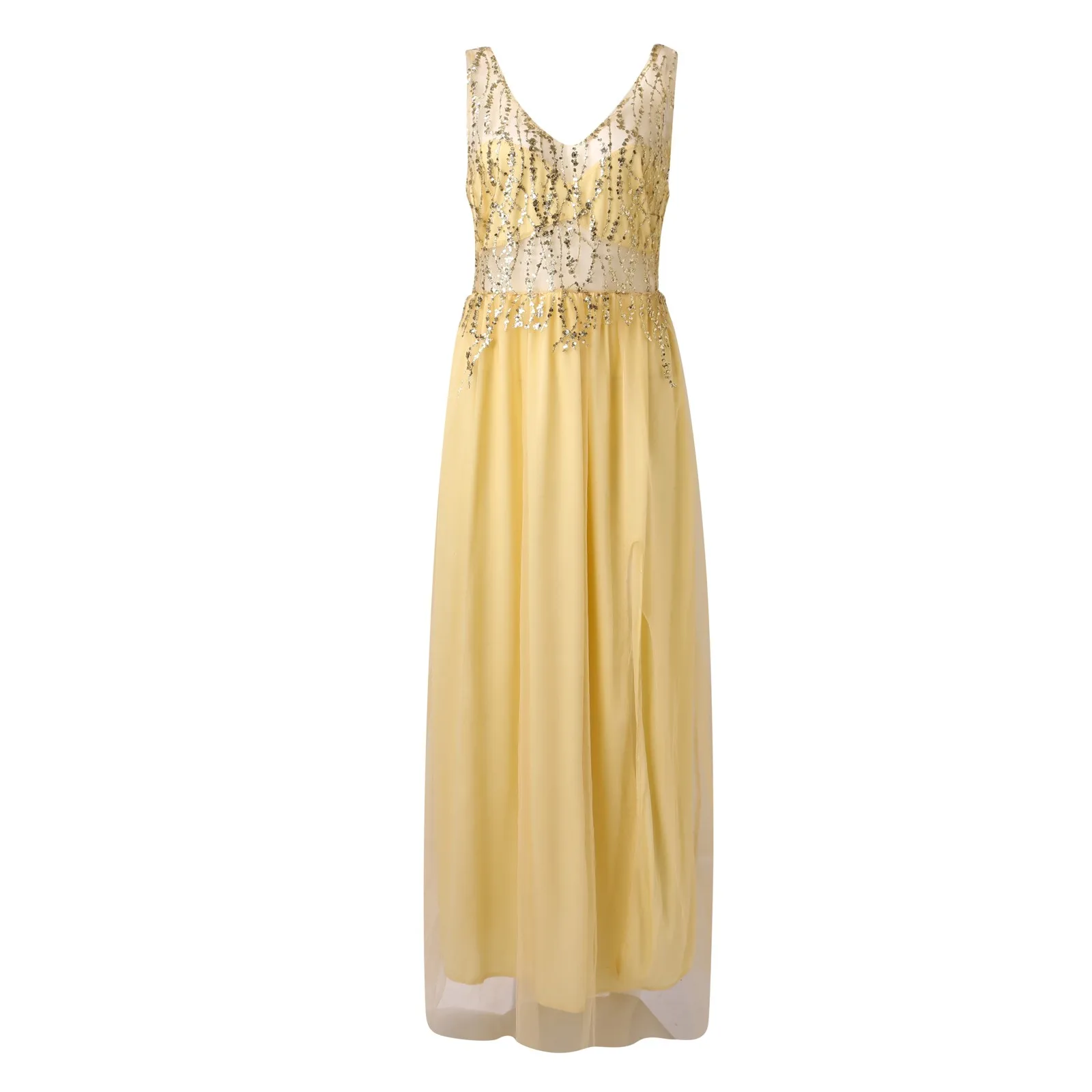 Vestido com decote V profundo feminino, cintura fina, lantejoulas, balanço sexy, elegante, vestidos formais, festa, noite, baile de formatura, gala, fêmea