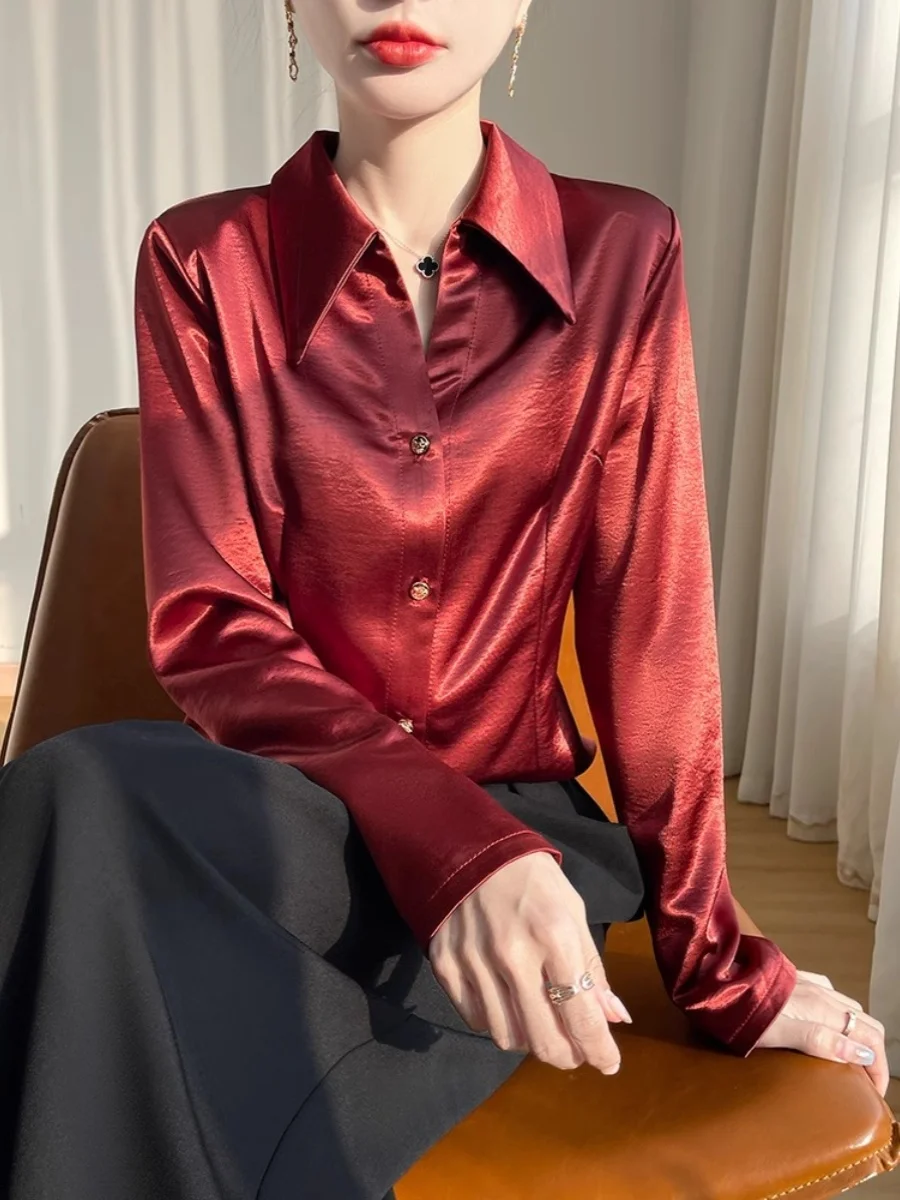 

Ele Gold Embroidered Satin Collar Casual irt Women's Faionable Base Layer Top Spring 2026 Commute Sle Straight...