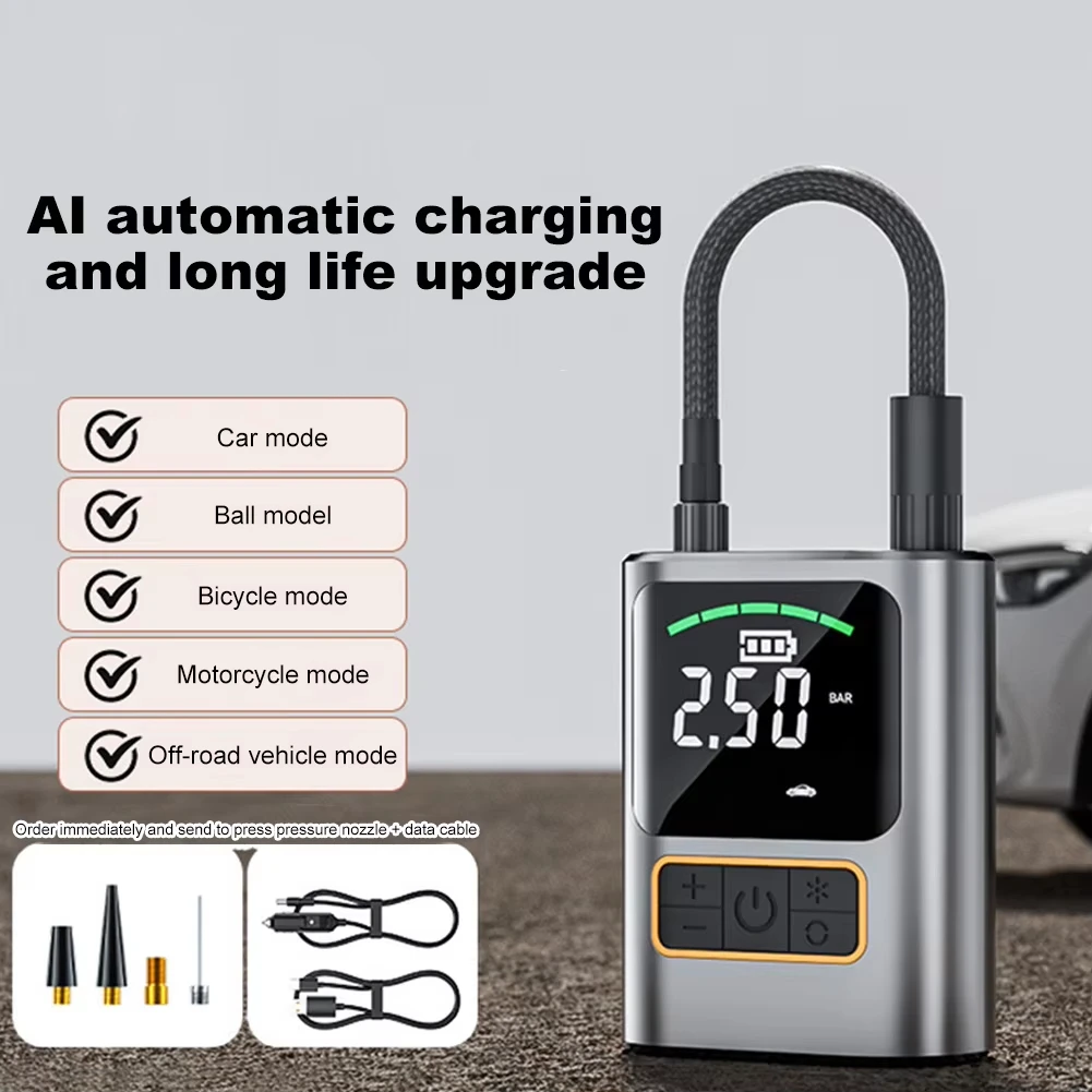 

Портативный компрессор для накачивания шин мотоциклов и автомобилей, интеллектуальный автоматический насос с функцией аварийного освещения LED для велосипедов и мячей