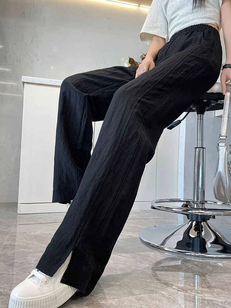 Letnie cienkie lodowe Slik podział proste spodnie damskie dorywczo luźne szerokie nogawki Pantalones koreańskie modne elastyczne spodnie dresowe z wysokim stanem