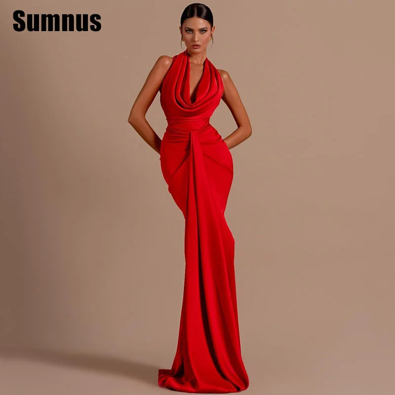 SUMNUS Red Elegant Mermaid Evening Dress Exquisite Halter Floor-Length Celebrity Dresses Back Split Party Gowns Customized