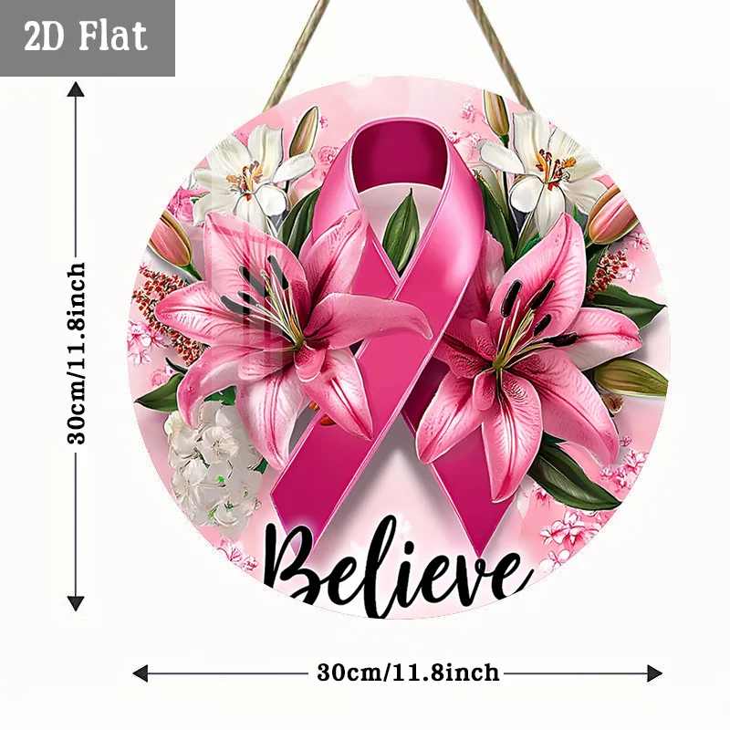 2D Flat, 1pc Breast Cancer Awareness Round Wood Panel Painting, Pink Ribbon Round Wall Decor Lily Flowers Wall Art - Glasses Des