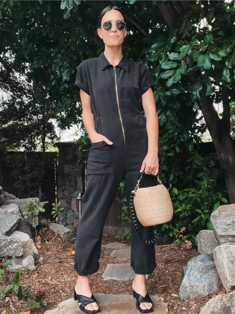 Vacation Women Outfits 2024 Simple Casual Short Sleeve Pocket Splic Overalls Elastic Waist Zip Solid Jumpsuits Women Elegat