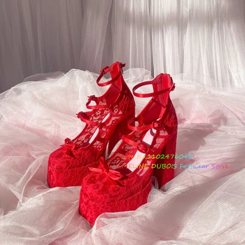 Red Mesh Lace Flower Sandals Women Round Toe Platform Buckle Strap Hollow Chunky Heels Bowknot Elegant Party Dress Shoes