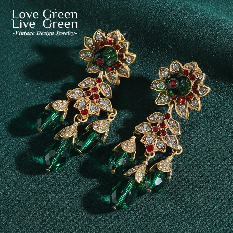 

Vintage Sunflower Dangling Earrings Tassel Large Green Emerald Crystal Bead Drop Luxury Zircon Rhinestone Gold Color Woman