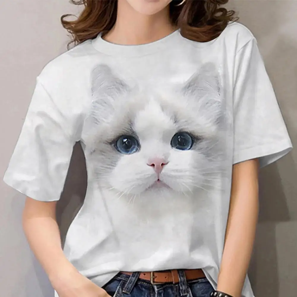 Camisetas con estampado 3D de gato para mujer y niña, ropa informal de calle de manga corta, Y2k