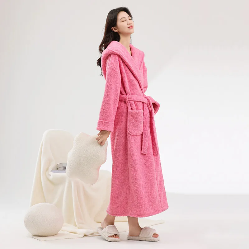 Winter Unisex Bathrobe With Belt Thick Flannel Hooded Bath Robes Dressing Gown Pockets Warm Coral Fleece Nightgown Sleepwear