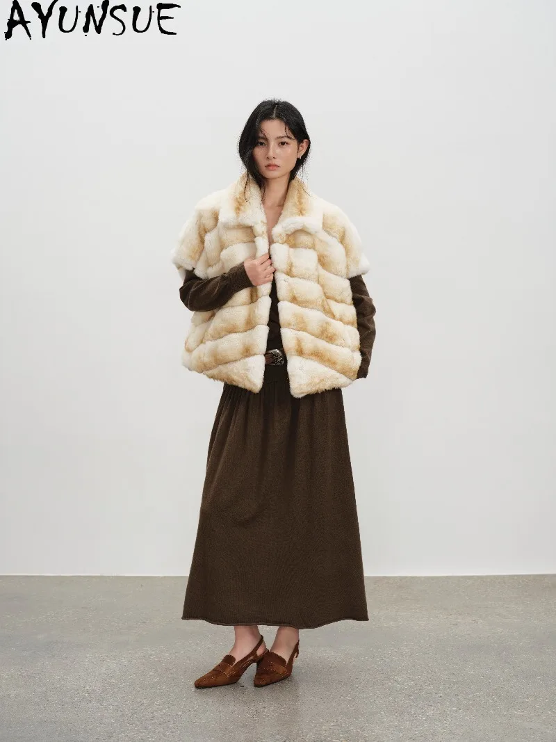AYUSNUE Womens Rabbit Fur Vest Lapel Sleeveless Waistcoat Winter Furry Outerwear Female Autumn Winter Rabbit Fur Gilet Fashion