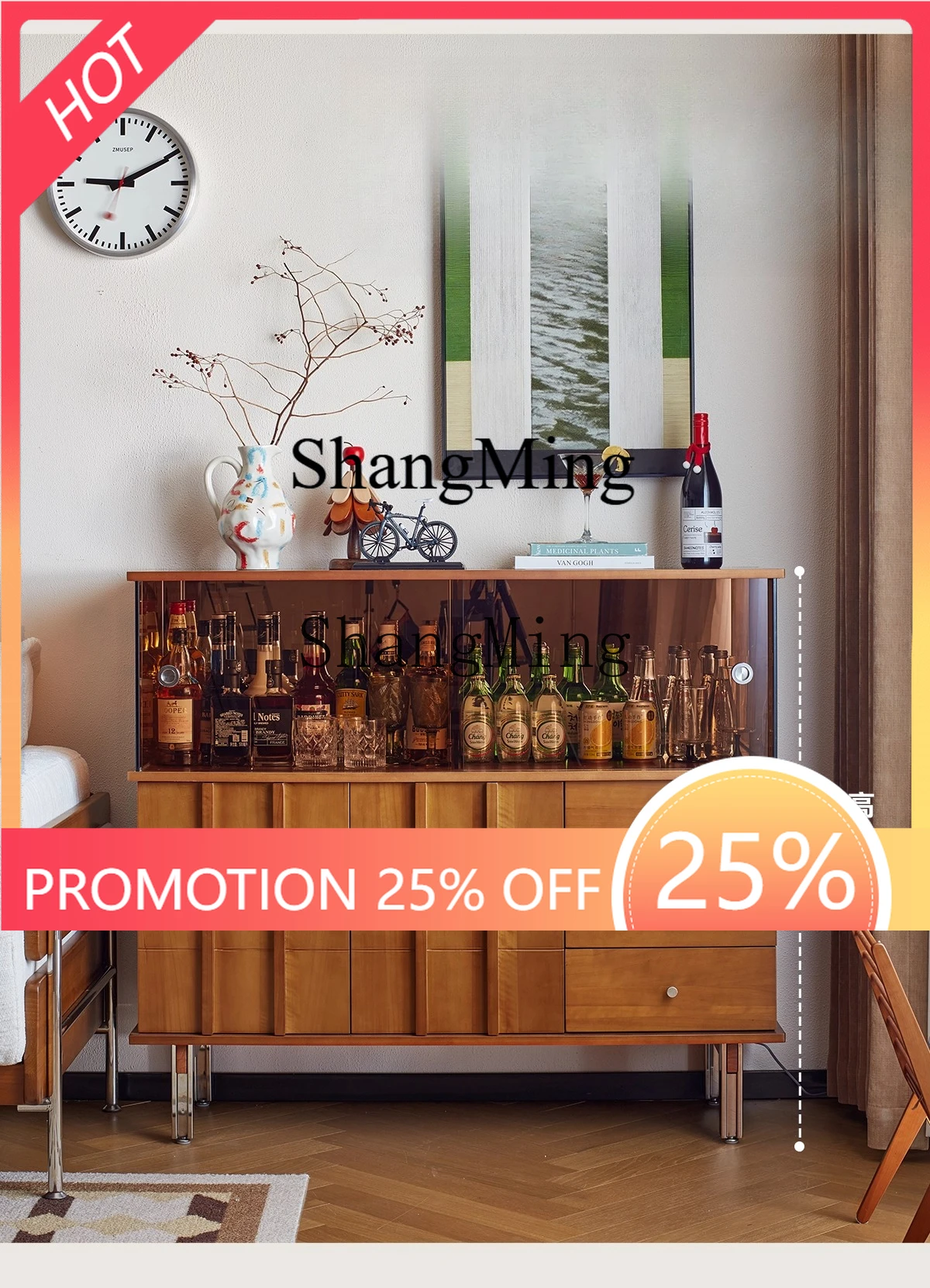 

CL Wood Cabinet Low Cabinet Storage Sideboard Glass Wine Living Room Display Vintage Side Cabinet