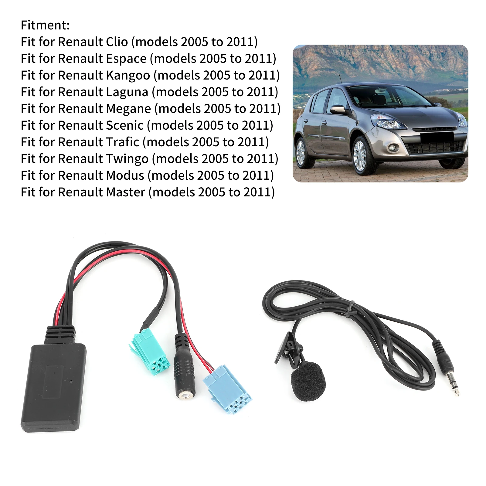 Cabo de áudio Bluetooth de 6 pinos Adaptador AUX-IN estéreo para carro com microfone adequado para cabo de áudio Bluetooth Clio/Espace/Megane