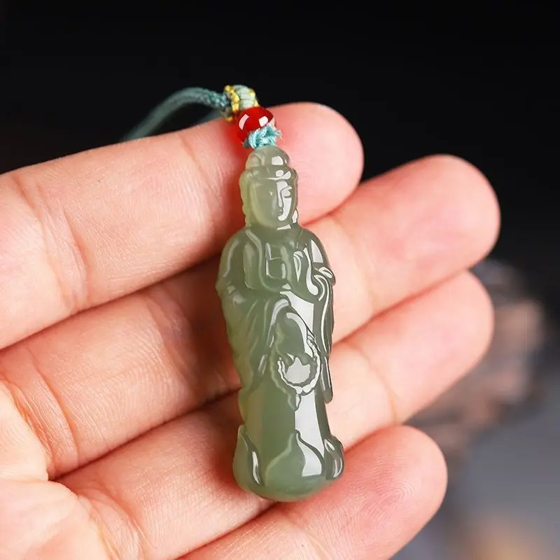 Natural Hetian Jade Shimizu Station Lotus Avalokitesvara Pendant Stand Lotus Guanyin Bodhisattva Simulation Jade for Men and Wom