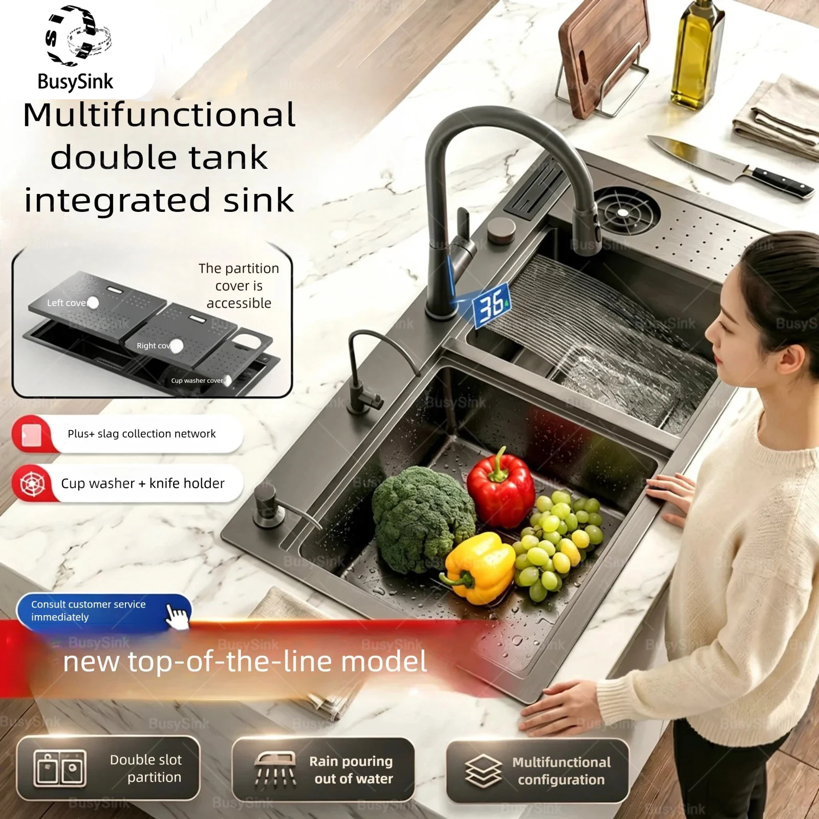 

Stainless Steel Waterfall Kitchen Sink Embossed Hidden Cup Washer Bar Sinks Large Double Slot Multifunctional Washbasin