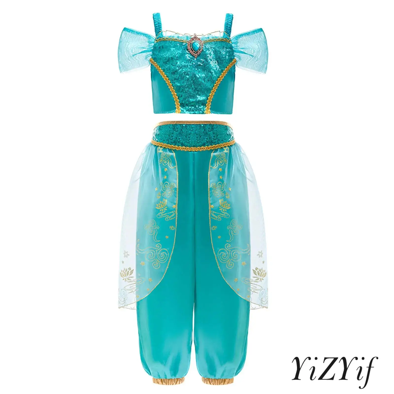 

Kids Girl Arabian Princess Costumes Sequins Rhinestone Crop Top and High Waist Golden Long Pants for Halloween Stage Performance