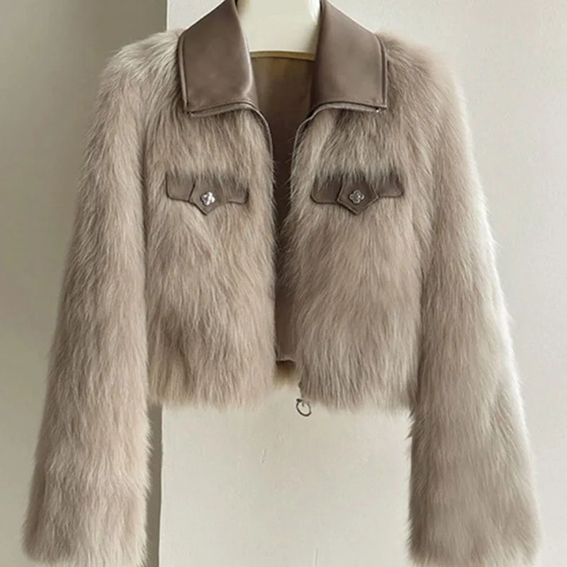 Novo outono inverno jaqueta de pele do falso das mulheres nova gola flip imitação de pele de raposa casaco curto feminino casual topo outerwear