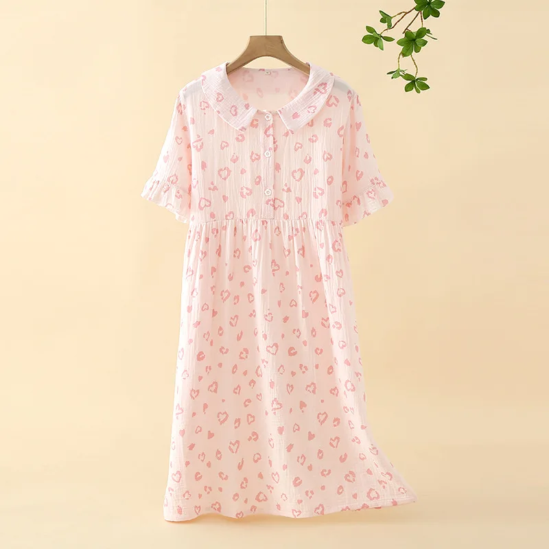 

Spring Summer 100% Cotton Dresses Ladies Beach Boho Heart Printing Midi Dresses Button Casual Short Sleeve Sundress Streetwear