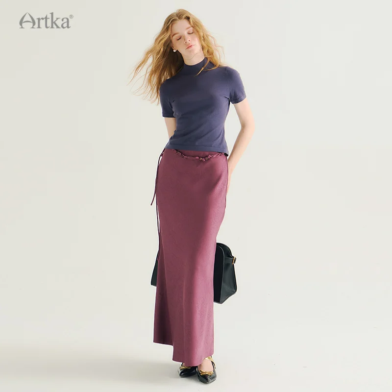 ARTKA 2024 Early Autumn New Women Skirt Fashion Elegant Long Satin Skirt High Waist Slim Fishtail Skirts With Belt QA92542Q