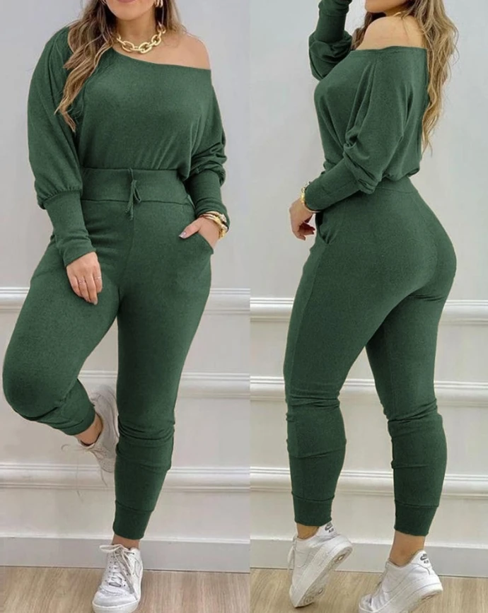 

2 Piece Skew Neck Knit Lounge Set Long-Sleeve Drawstring Top Casual Fall Sweatsuit