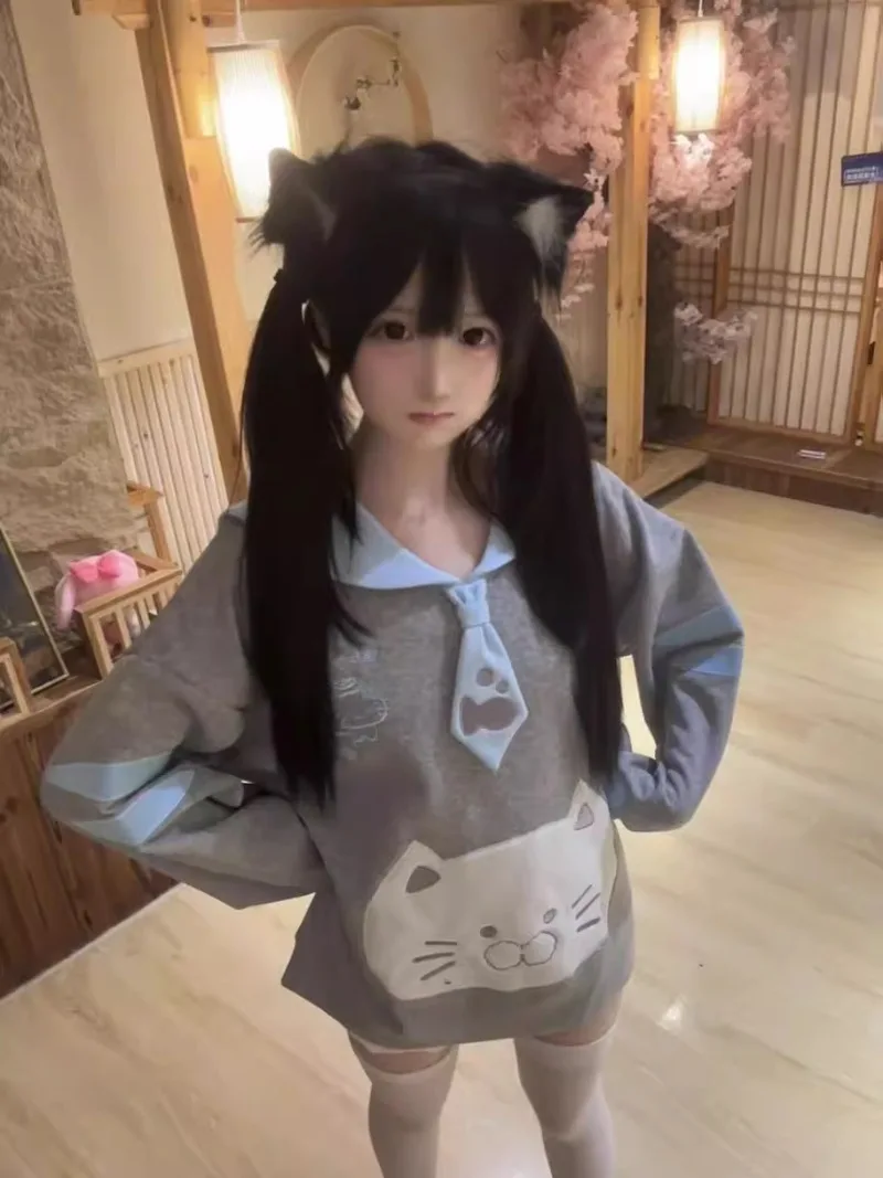 Japanese Subculture Y2k Millennial Two-dimensional Navy Cat Ear Collar Embroidered Tie Cat Pattern Top Trendy Sweater For Women