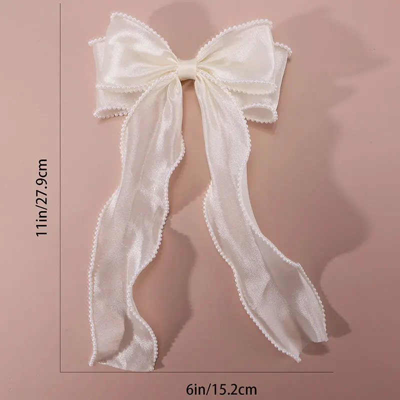 Large Silk Bow Hair Clip For Women Elegant Wedding Long Satin Pearl Hairpin Ponytail Hair Pin Barrette Fashion Hair Accessories