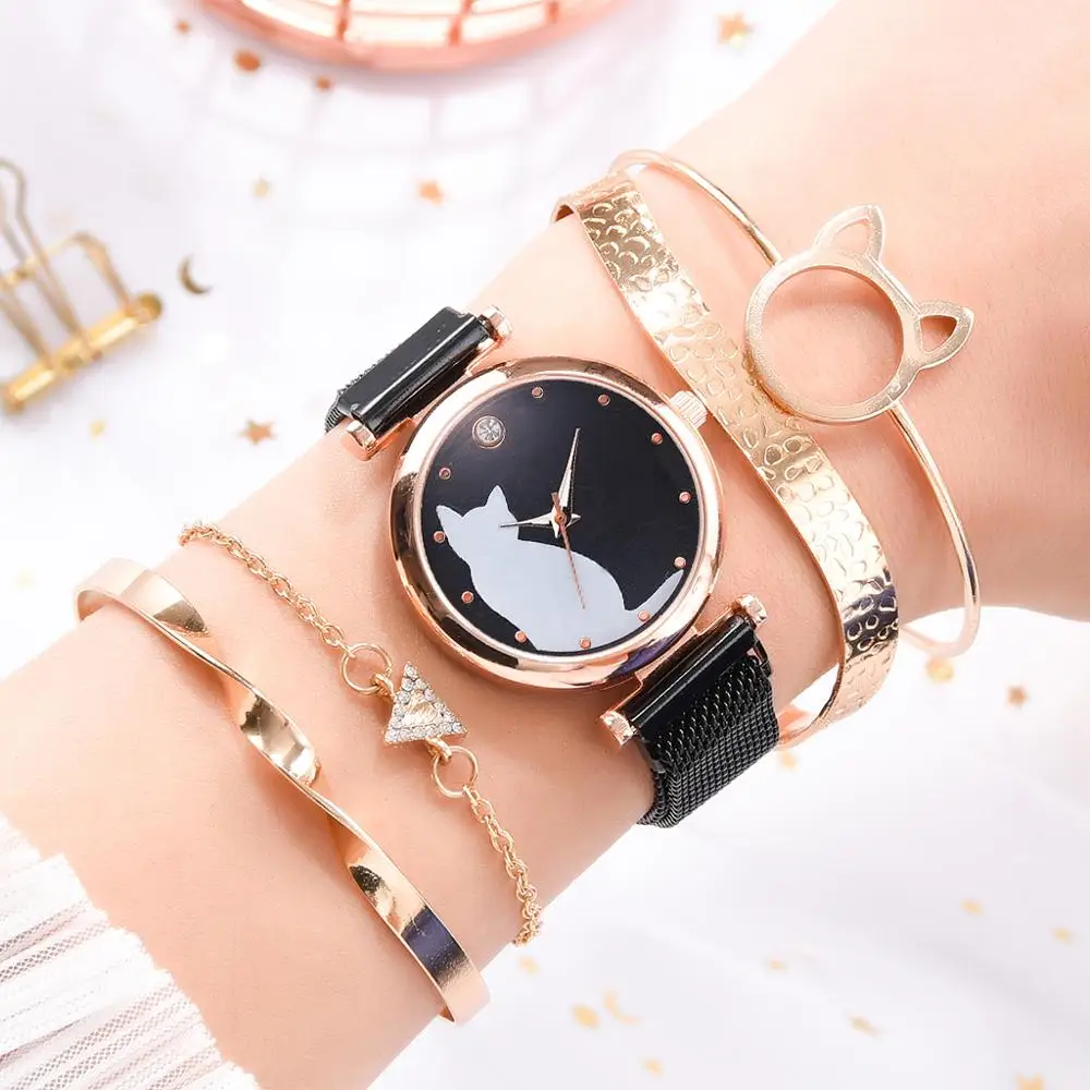 5pcs/set Women Watches Rose Gold Bracelet Set Cat Pattern Black Magnet Watch Ladies Bracelet Wrist Watches Luxury Quartz Clock