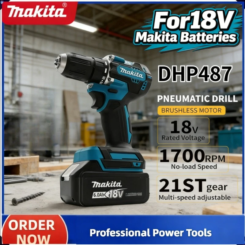 

Аккумуляторный ударный шуруповерт Makita DHP487 18V LXT с бесщеточным двигателем, компактный, перезаряжаемый, электроинструмент