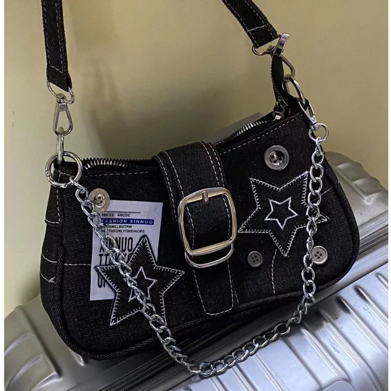 Y2k Fashion Women's Handbags Stars Pattern Cool Girl Underarm Bag Vintage Canvas Female Shoulder Bag Chain Crossbody Tote Purses