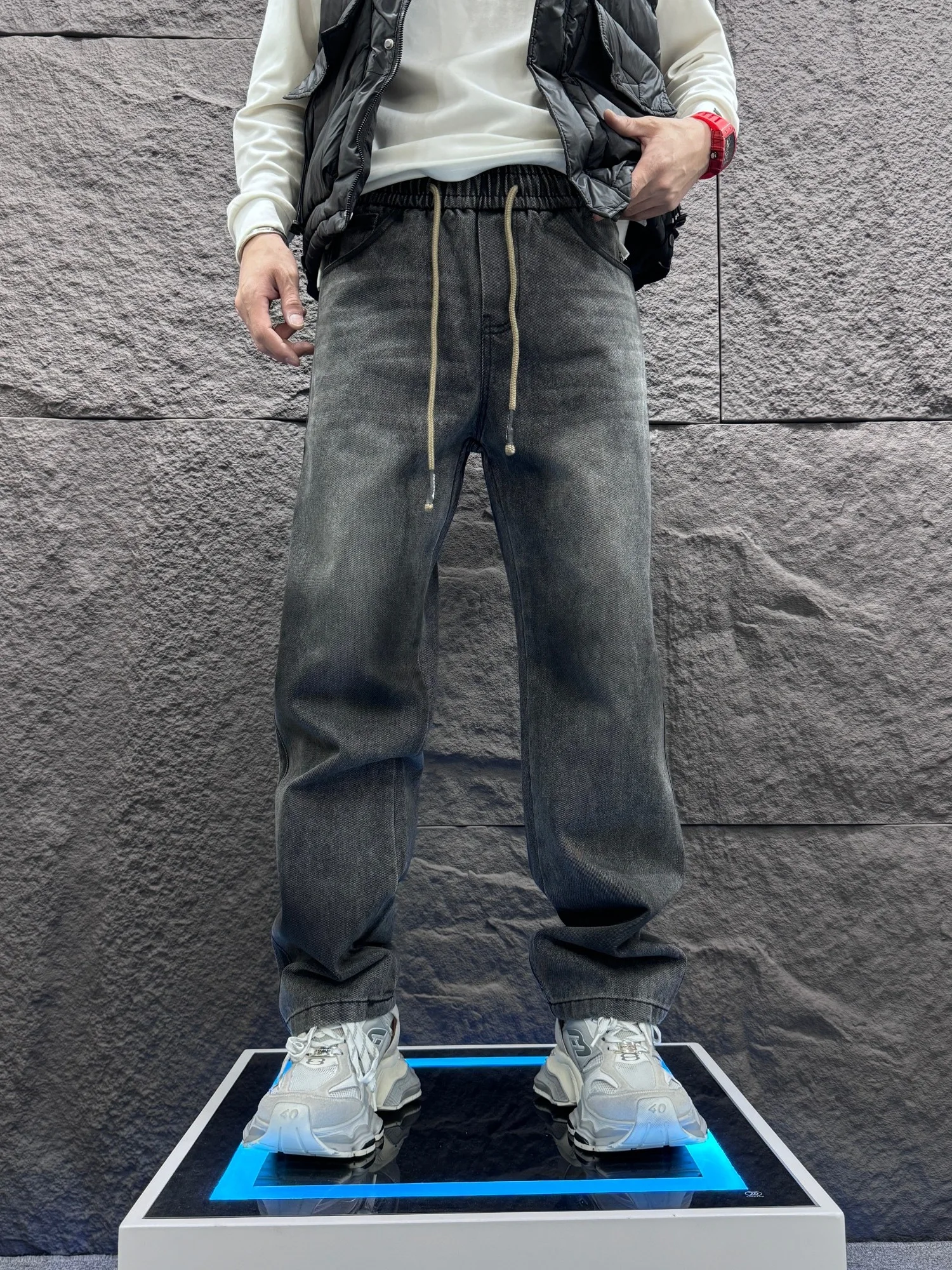 

Американские джинсы High Street Dstring свободного кроя, прямые, повседневные, с эффектом потертости, винтажные, с эластичным поясом, универсальные, стройнящие, мужские, деним