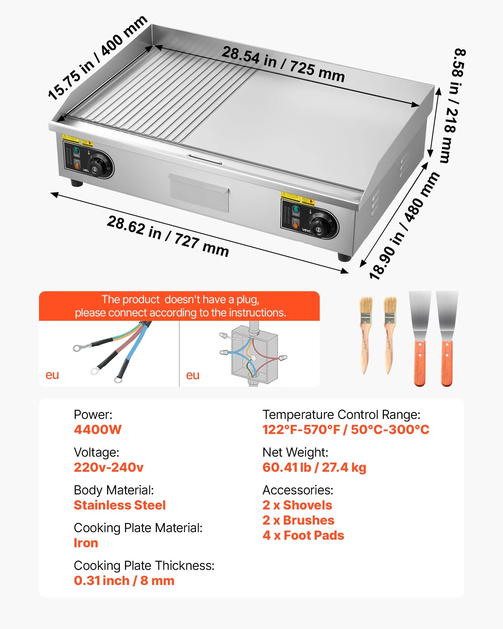 SucceBuy Commerciële Elektrische Grillplaat 50-300 ° C Verstelbare temperatuurregeling, roestvrijstalen aanrechtgrill met vlakke bovenkant voor Steak Panc