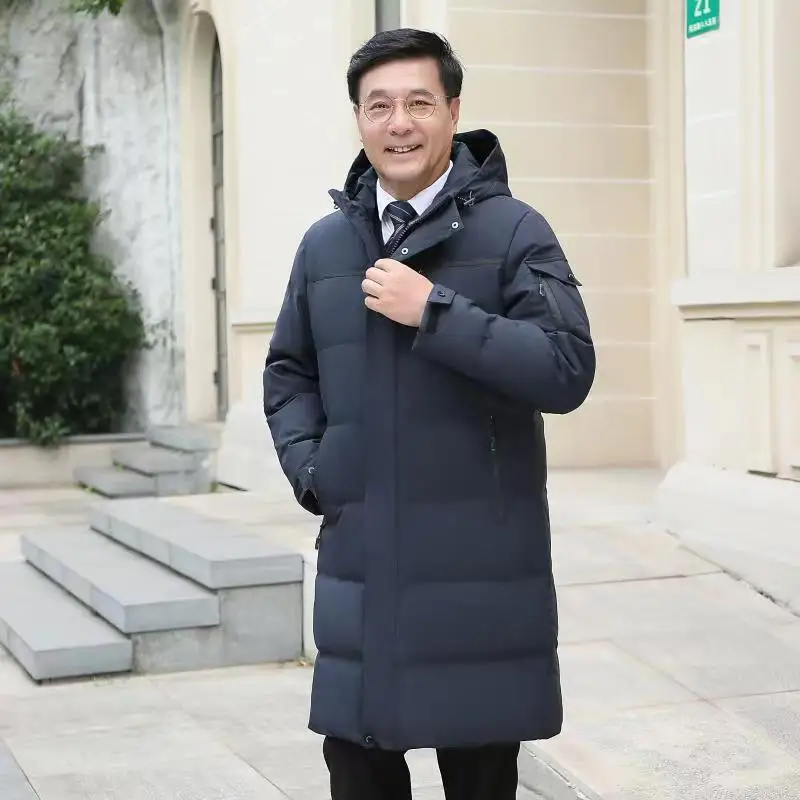 Manteau à capuche en duvet de canard blanc pour homme d'âge moyen, veste longue au-dessus du genou, plus optique, papa, hiver