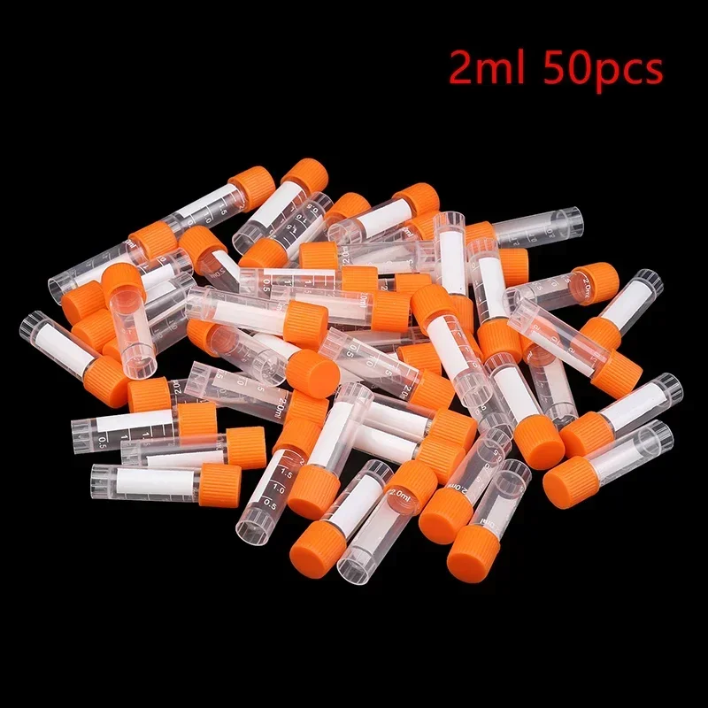 50Pcs 2ML Plastic Test Tubes Vials Sample Container Powder Screw Cap Bottles PP Cryotube Freezing Tubes Chemistry Supplies