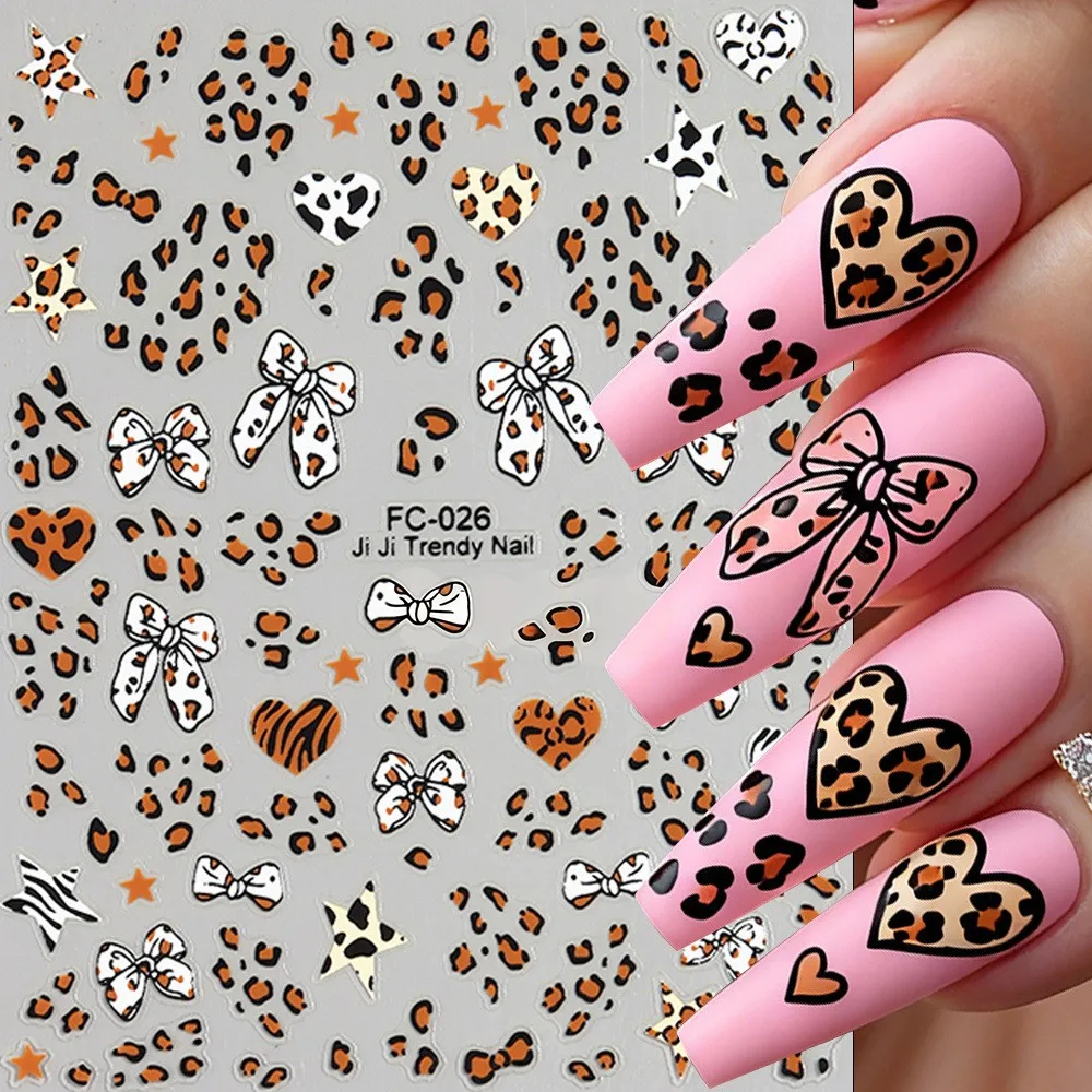 3D Pink Brown Leopard Bow Nail Stickers Autumn Winter Leopard Print Ribbon French Nail Decals 8*10cm Adhesive Manicure Sliders R