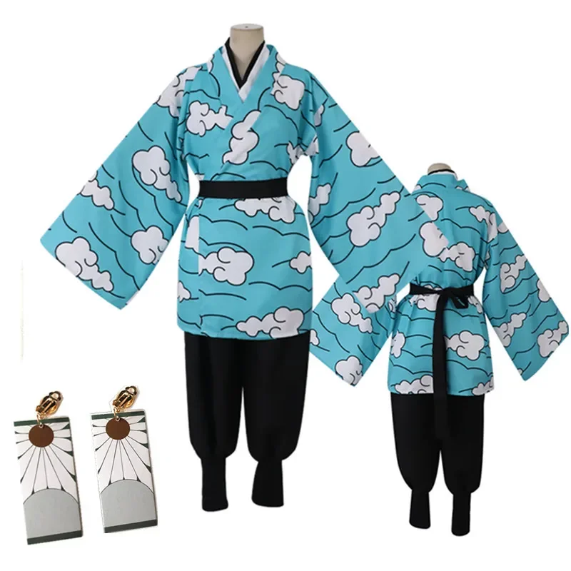 Anime Kamado Tanjirou Urokodaki     Hemelsblauwe Wolk Uniform Kimono Vrouwen Mannen Halloween Kostuum Pruik Masker Rekwisieten