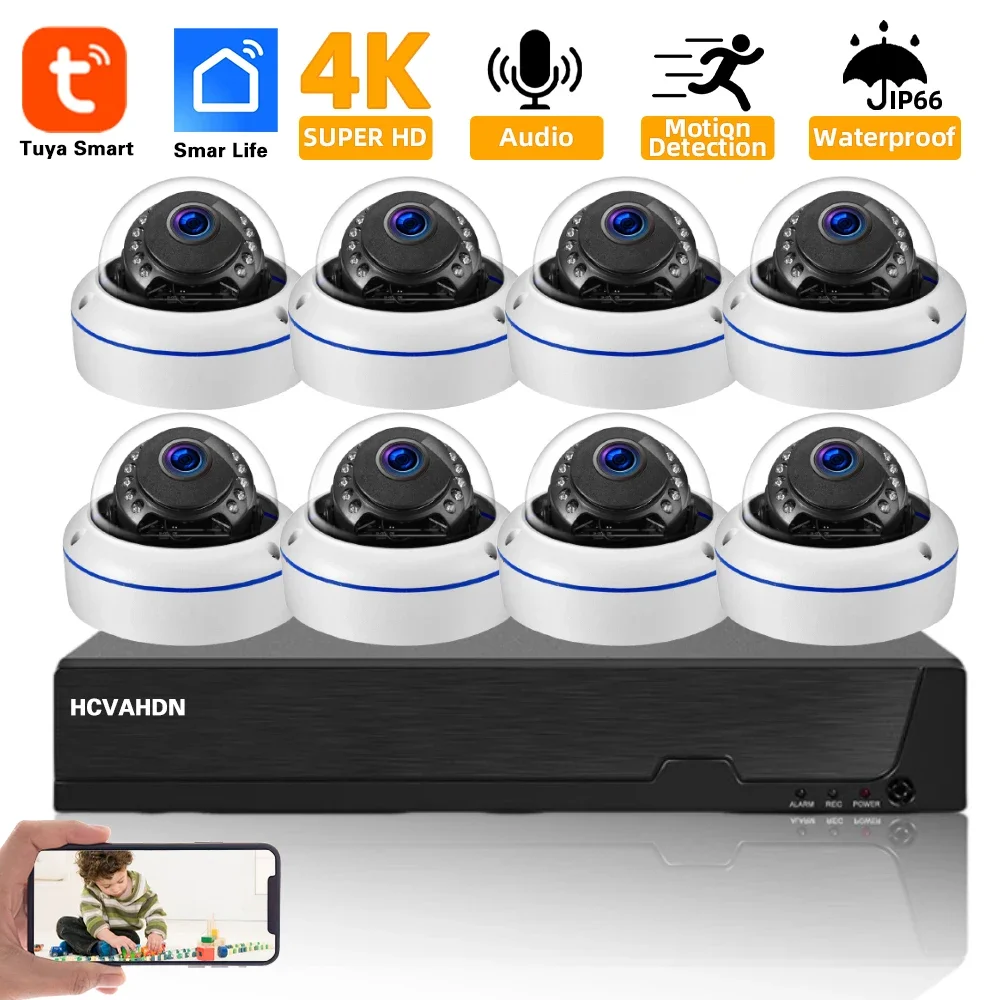 

8CH Smart Life 8MP 4K Security Camera System Outdoor Waterproof POE NVR Human Detection Home Surveillance CCTV Dome Cameras Set