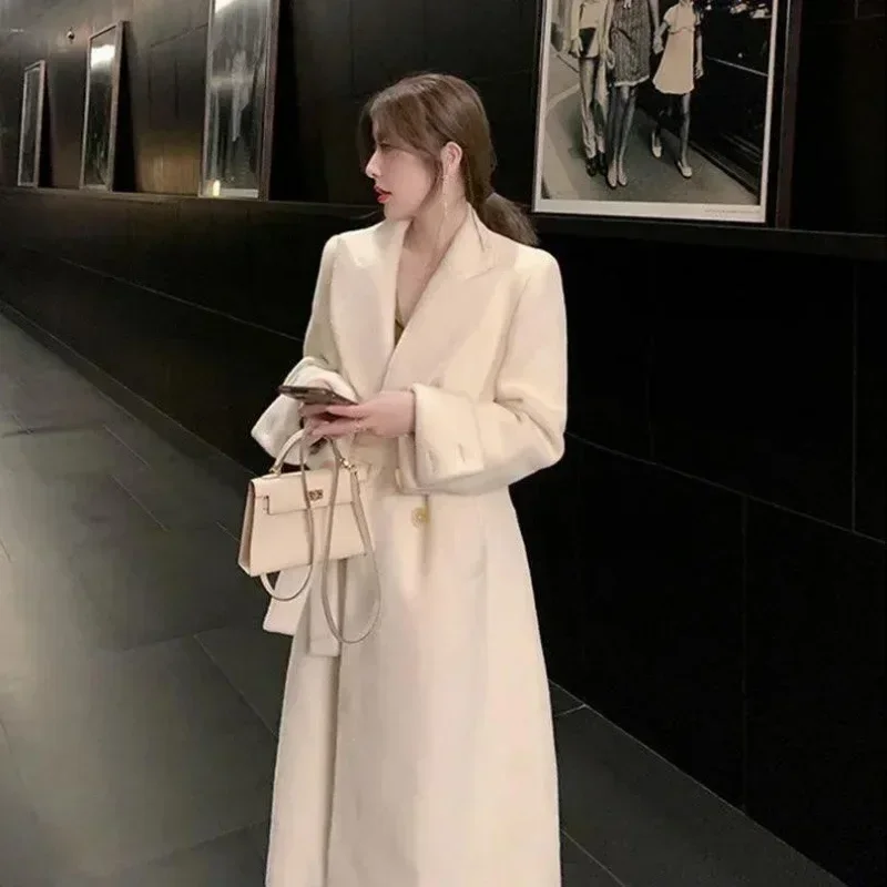 Elegant Long Wool Coat Women Belt Bandage Outwear Korean Oversized Cardigan Woolen Overcoat Winter Lace Up All Match Jackets New