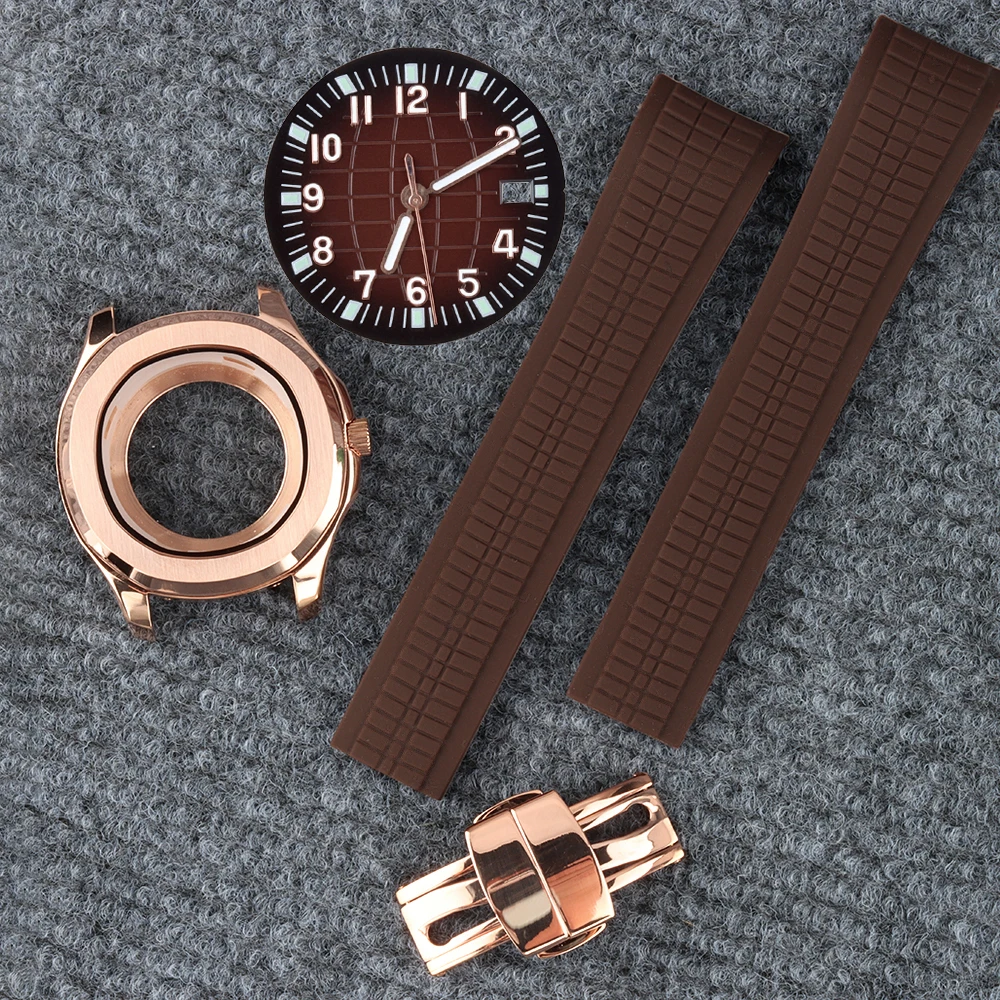 Arabic Numeral Dial NH35 42MM Rose Gold For AQUANAUT Watch Case Mods Parts For NH35 NH36 NH38 Movement Waterproof Rubber Strap