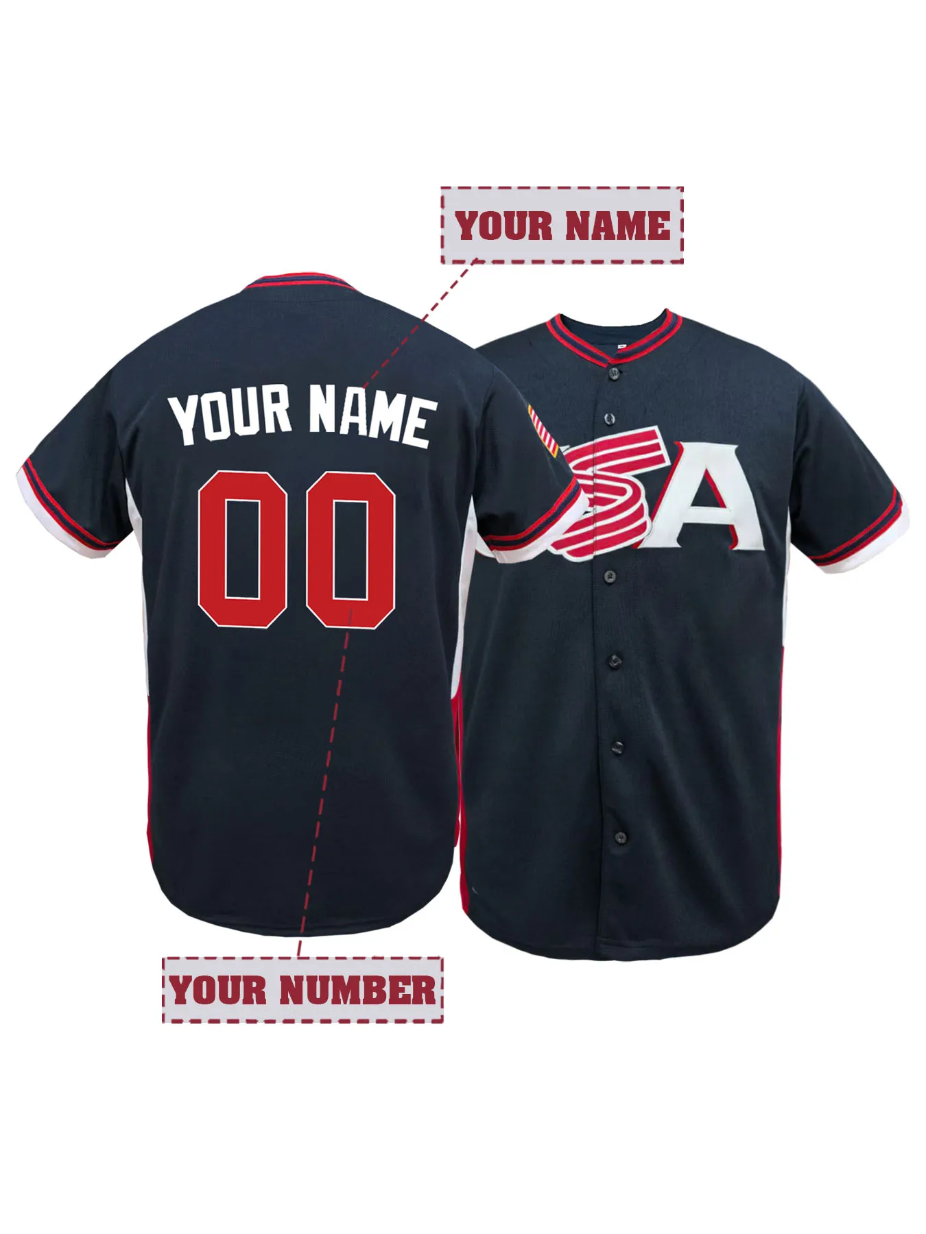 Custom Name and Number Men's USA Embroidered Baseball Jersey,Short-Sleeve Breathable V-Neck Embroidered Baseball Shirt DIY Shirt