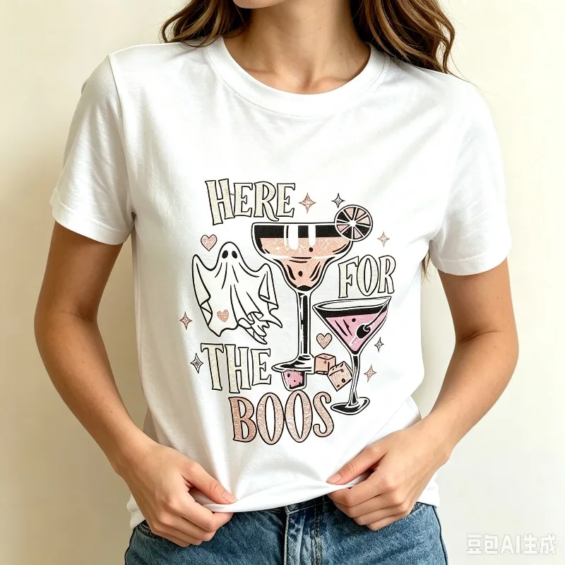 HERE FOR THE BOOS Ghost Cocktail Graphic Women T-Shirt 100% Cotton Tee For Funny Halloween Party Casual Wear