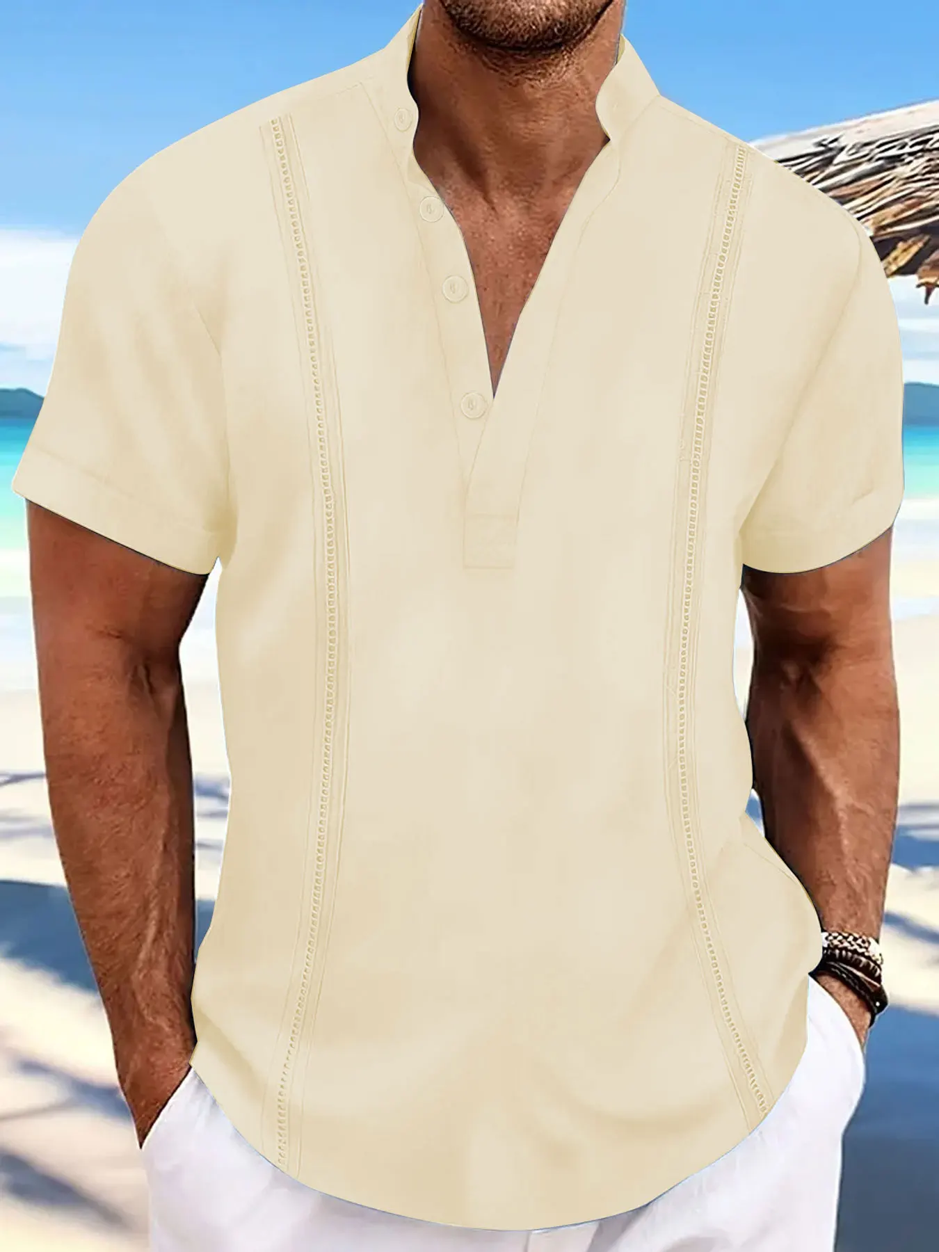 Men's short sleeved shirt Popular striped polo shirt Solid color half cardigan button up stand up collar top Hot sale Men's wear