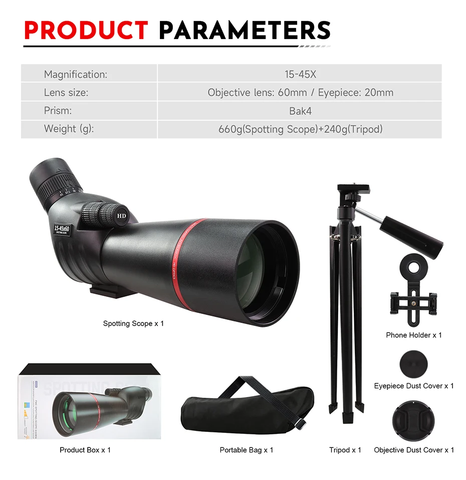 Datyson 15-45x60 Angled Spotting Scope – BAK4-Prisma FMC grünbeschichtetes Monokular-Teleskop für Vogelbeobachtung & Zielschießen – Detail 2